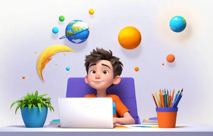 Creative Thinking Boy Learning Online with Laptop 3D Character Illustration image